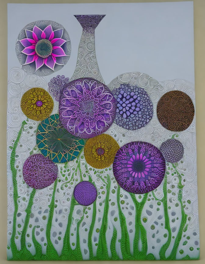 Abstract painting of stylized flowers in purple, green, and brown with tall vase