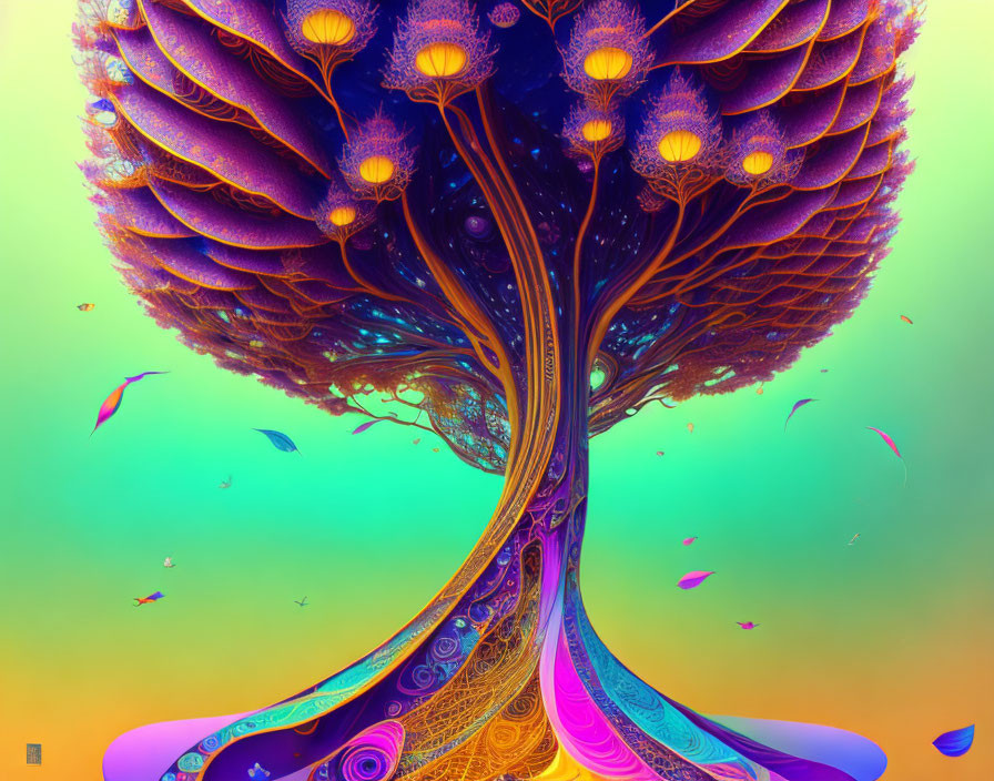 Colorful Psychedelic Tree Illustration on Pastel Background