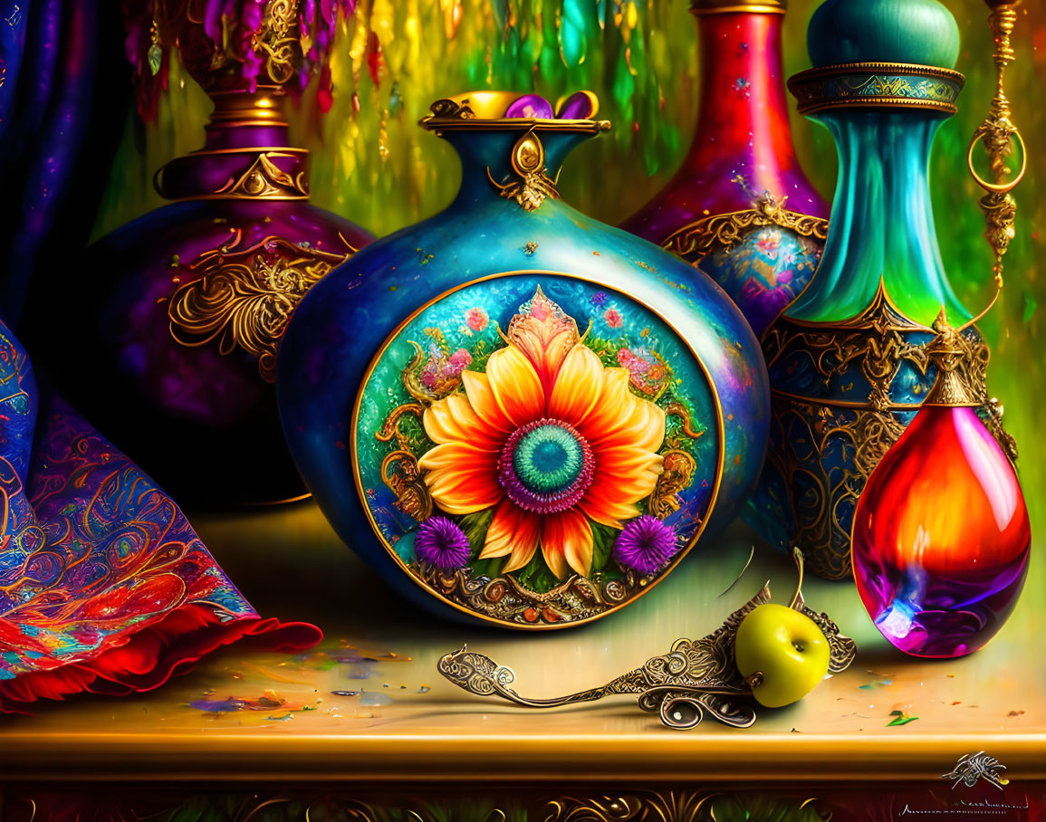 Colorful still life with decorated vases, scarf, spoon, and apple