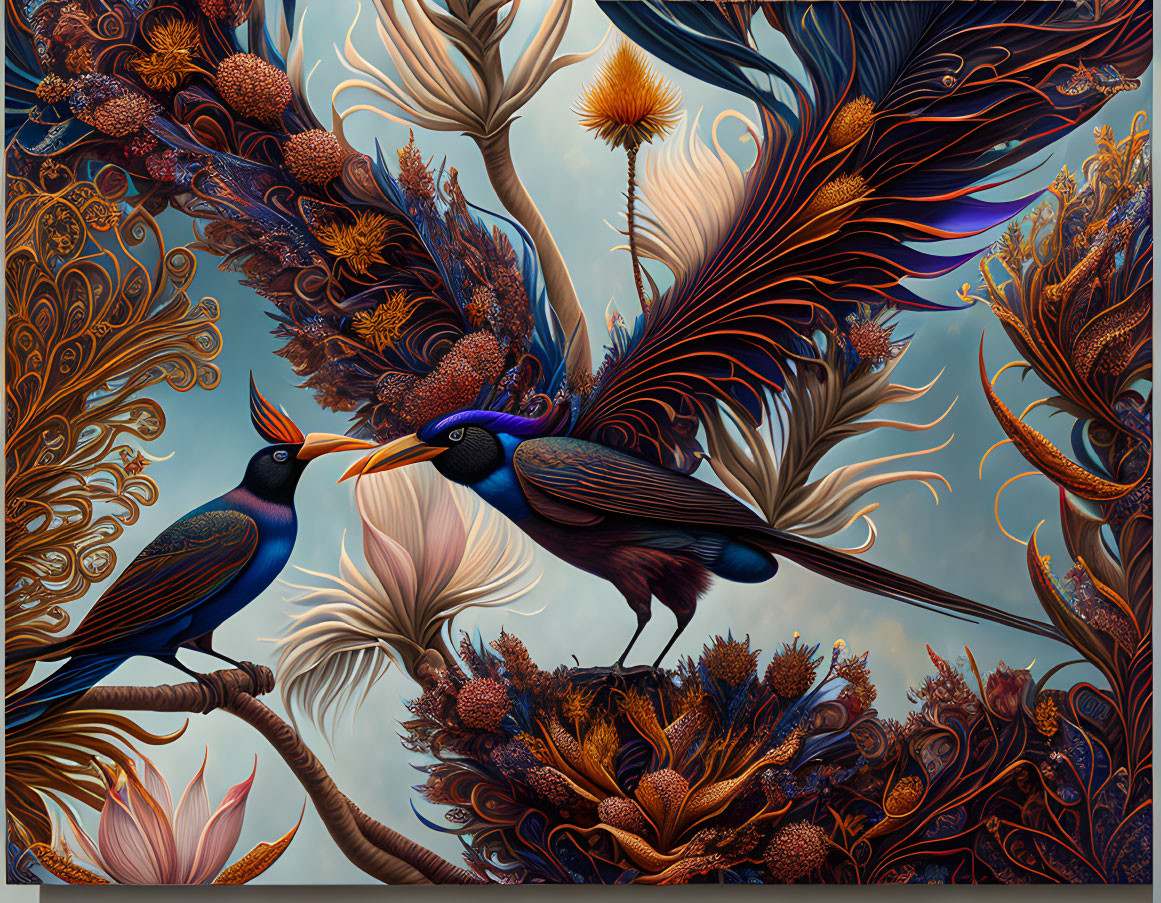 Colorful Birds in Intricate Floral Setting