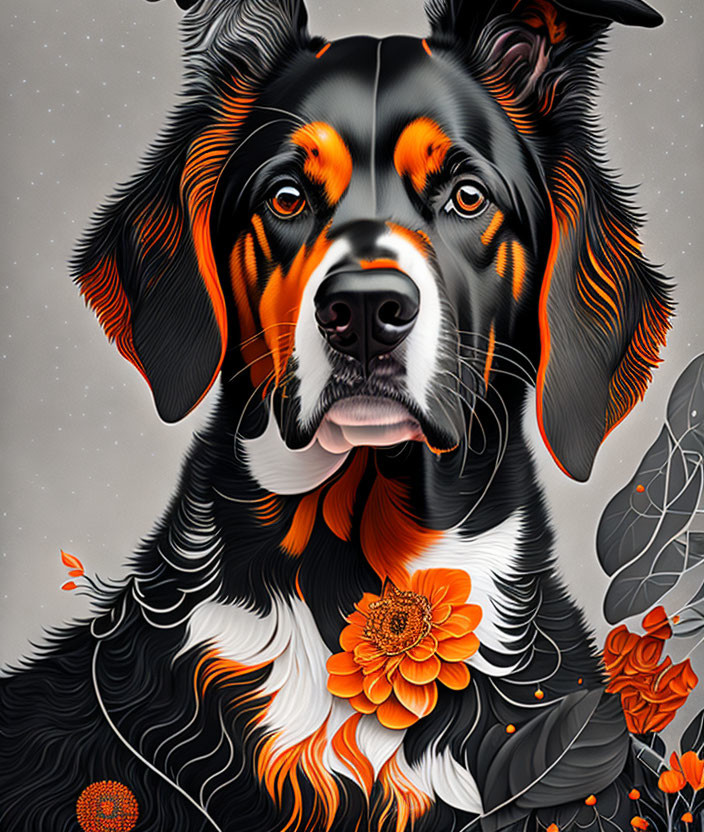 Colorful tricolor dog with orange flowers and gray foliage on monochromatic backdrop