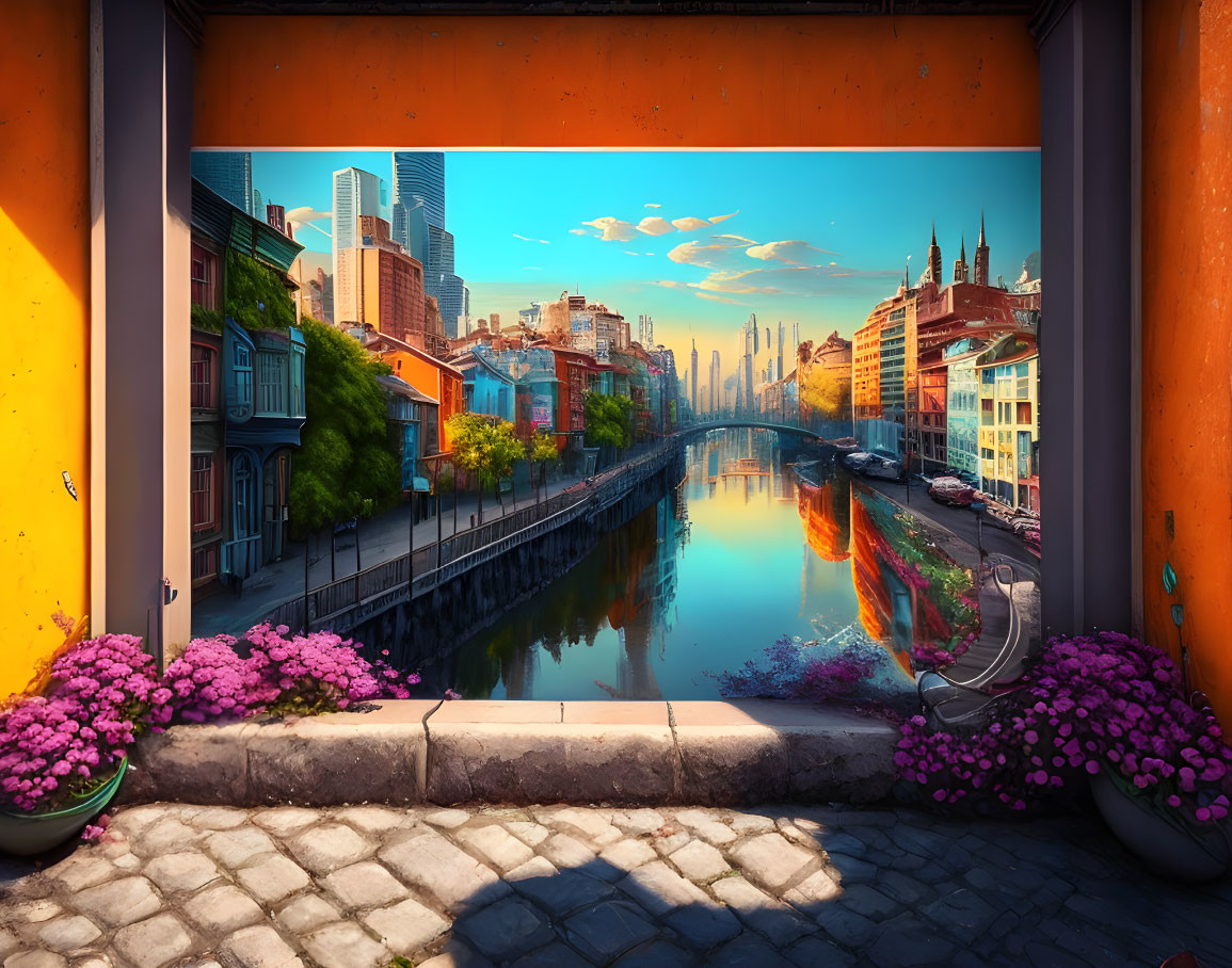 European canal city scene with colorful buildings, cobblestone streets, and blooming flowers