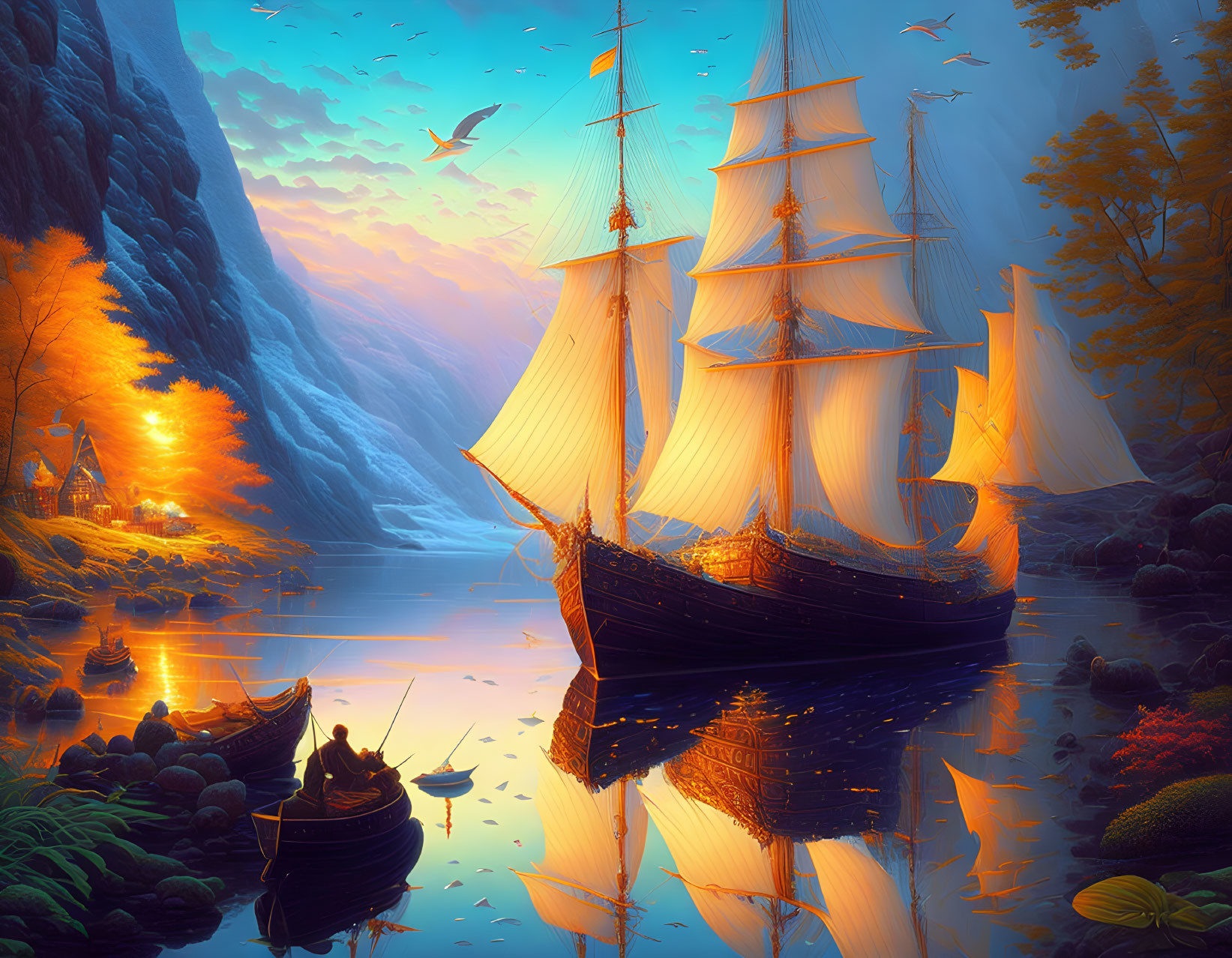 Sailing ship with billowing sails on serene river at twilight