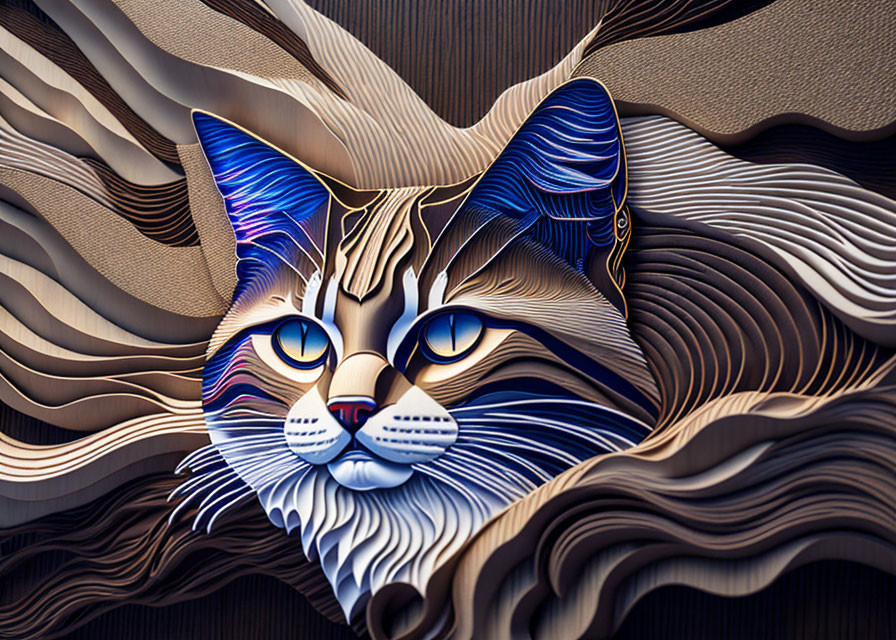 Multicolored striped cat with blue eyes on abstract paper art background