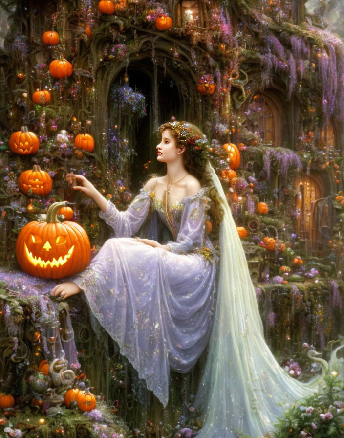 Woman in flowing dress by ornate door with pumpkins, lush greenery - magical autumn scene