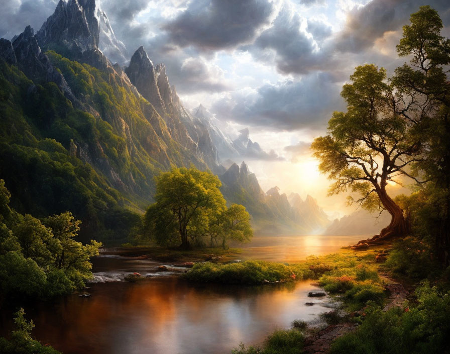 Tranquil landscape with river, trees, mountains, and warm sky