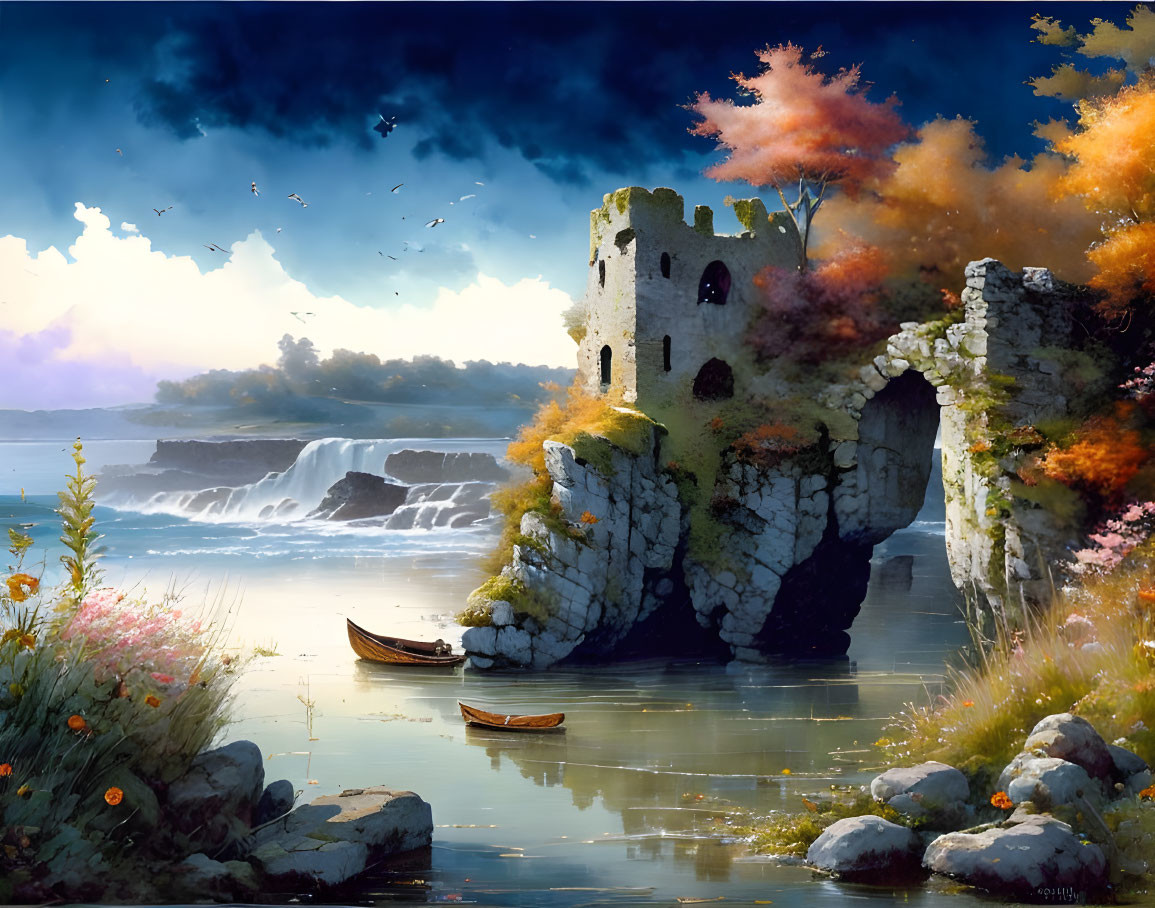 Serene fantasy landscape with ancient stone castle, river, boats, autumn trees, and moody sky