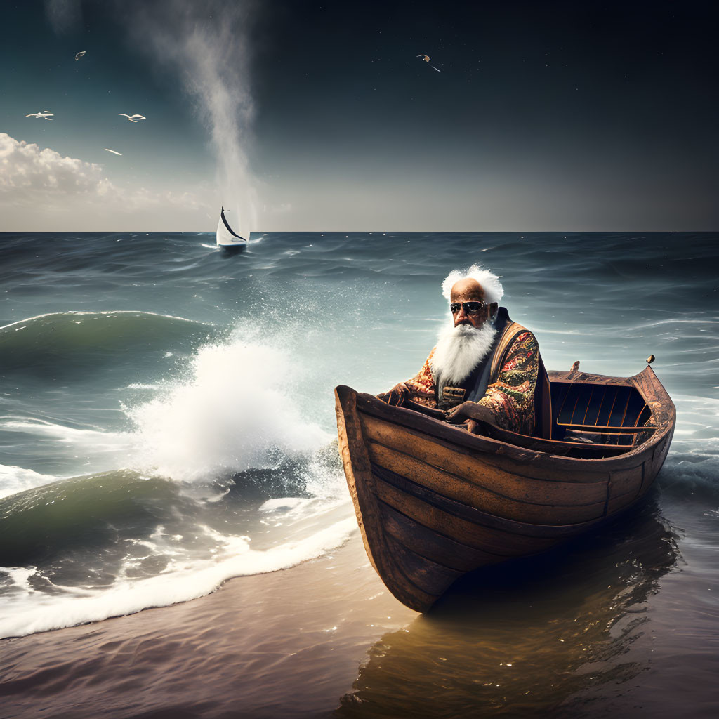 Elderly man in rowboat on stormy sea with sailing boats and seagulls