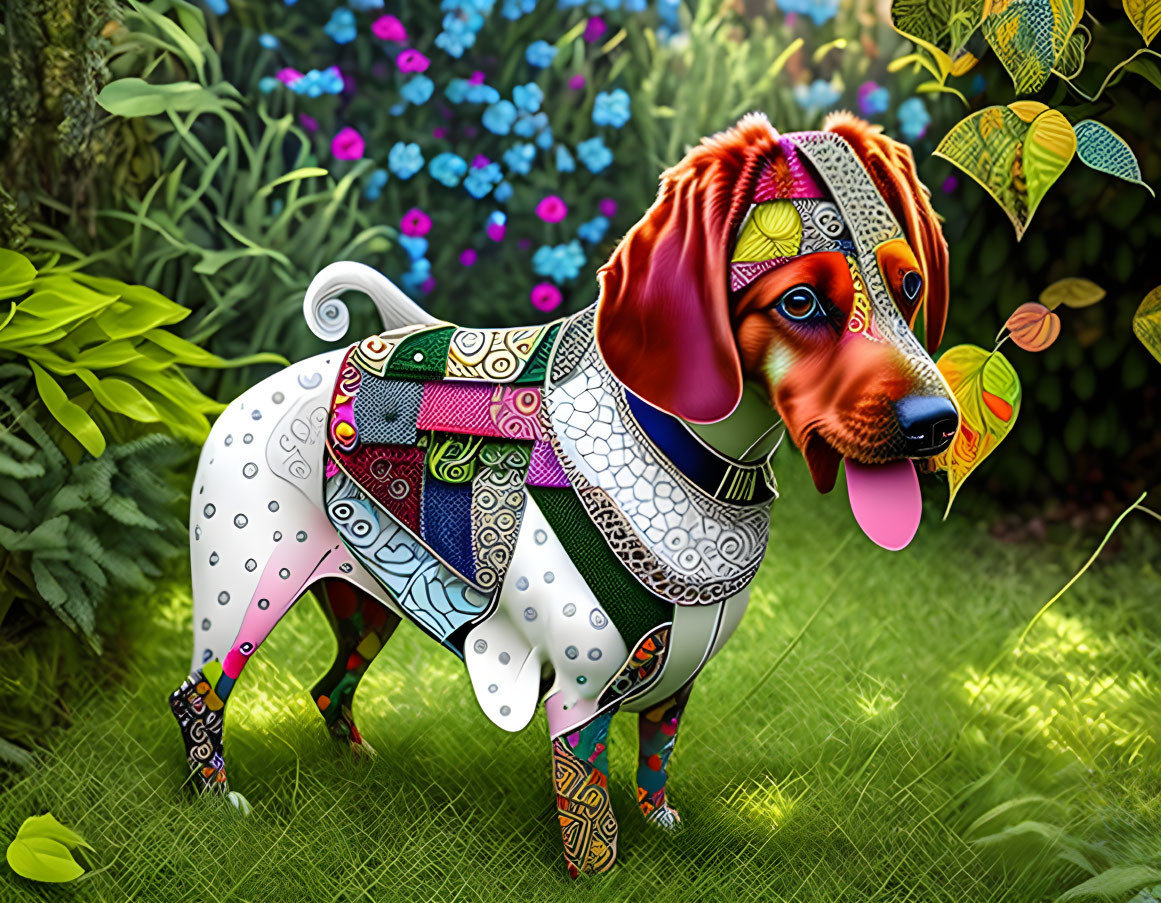 Colorful Dog Illustration Among Greenery and Flowers