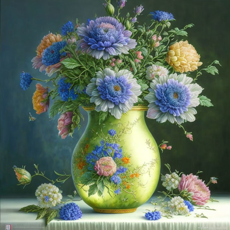 Colorful oil painting of green vase with lifelike flowers on moody background