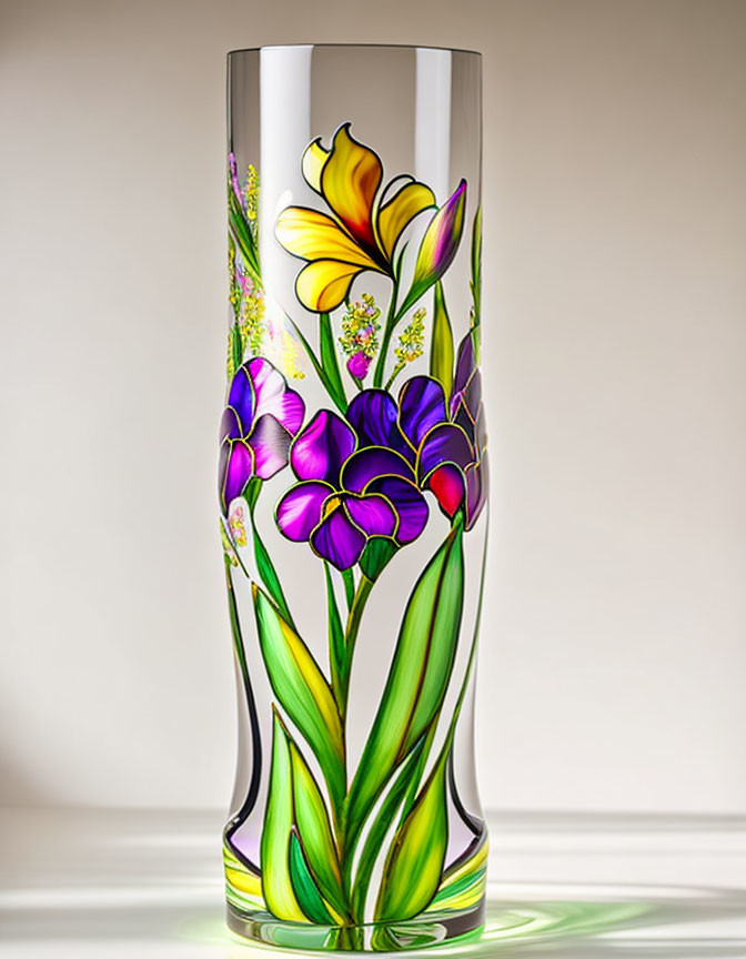 Hand-painted floral design on elegant glass vase - yellow and purple flowers.