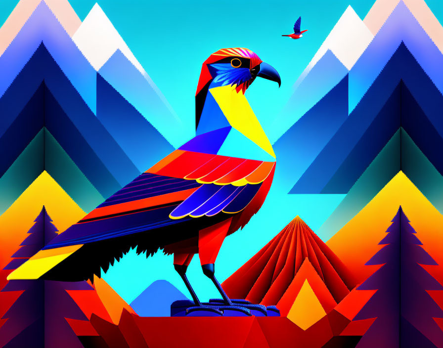 Colorful Geometric Bird Art with Mountain Background