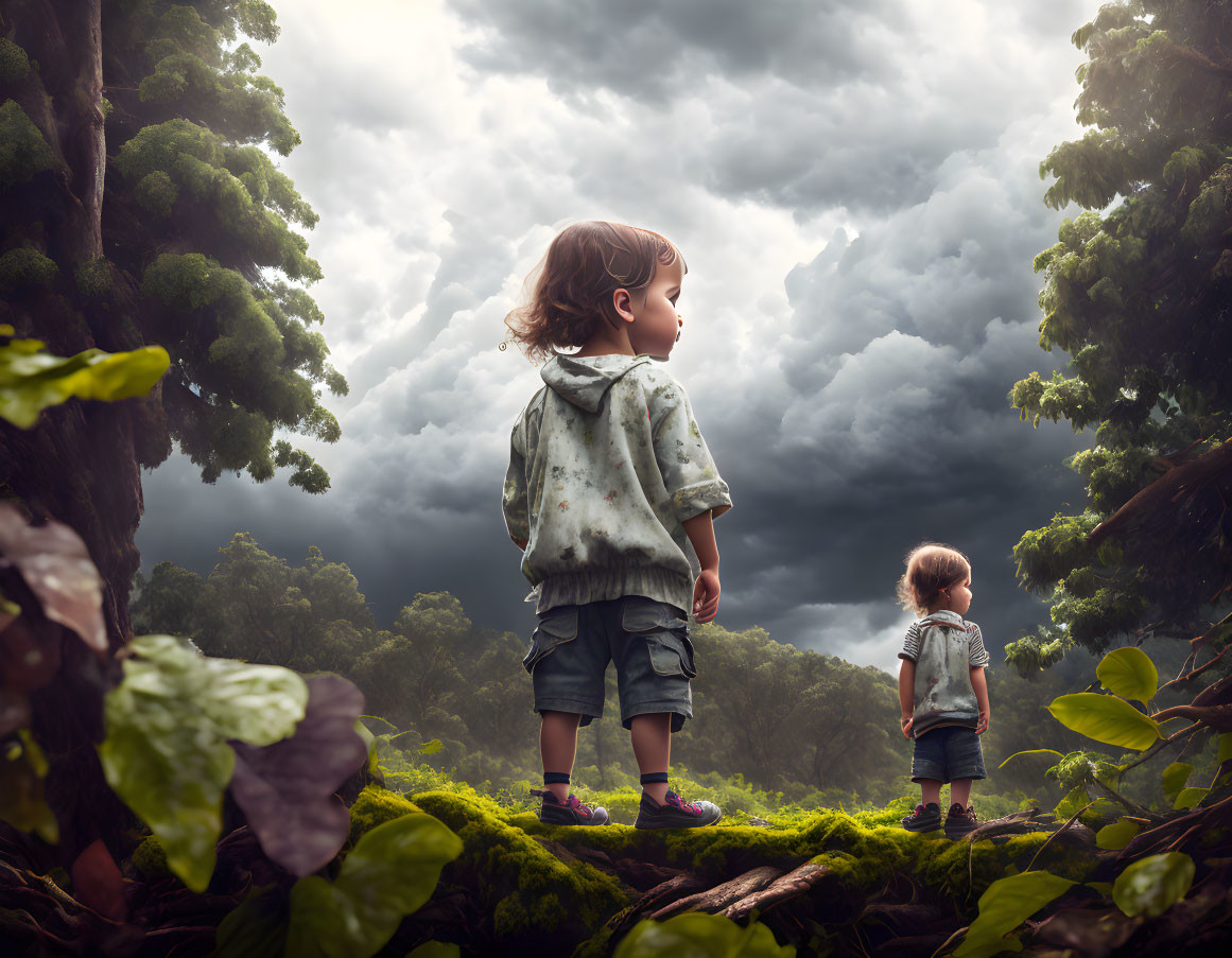 Children standing in forest under stormy skies amid lush greenery.