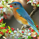 Colorful Bird Perched Among Blooming Flowers