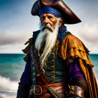 Detailed Illustration of Pirate with White Beard, Blue Bandana, Skull Hat, Purple Coat, Blue