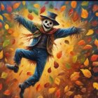 Colorful scarecrow painting dancing in autumn leaves