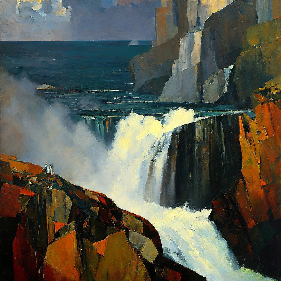 Rocky Cliff Waterfall Painting with Stormy Sky and Figure