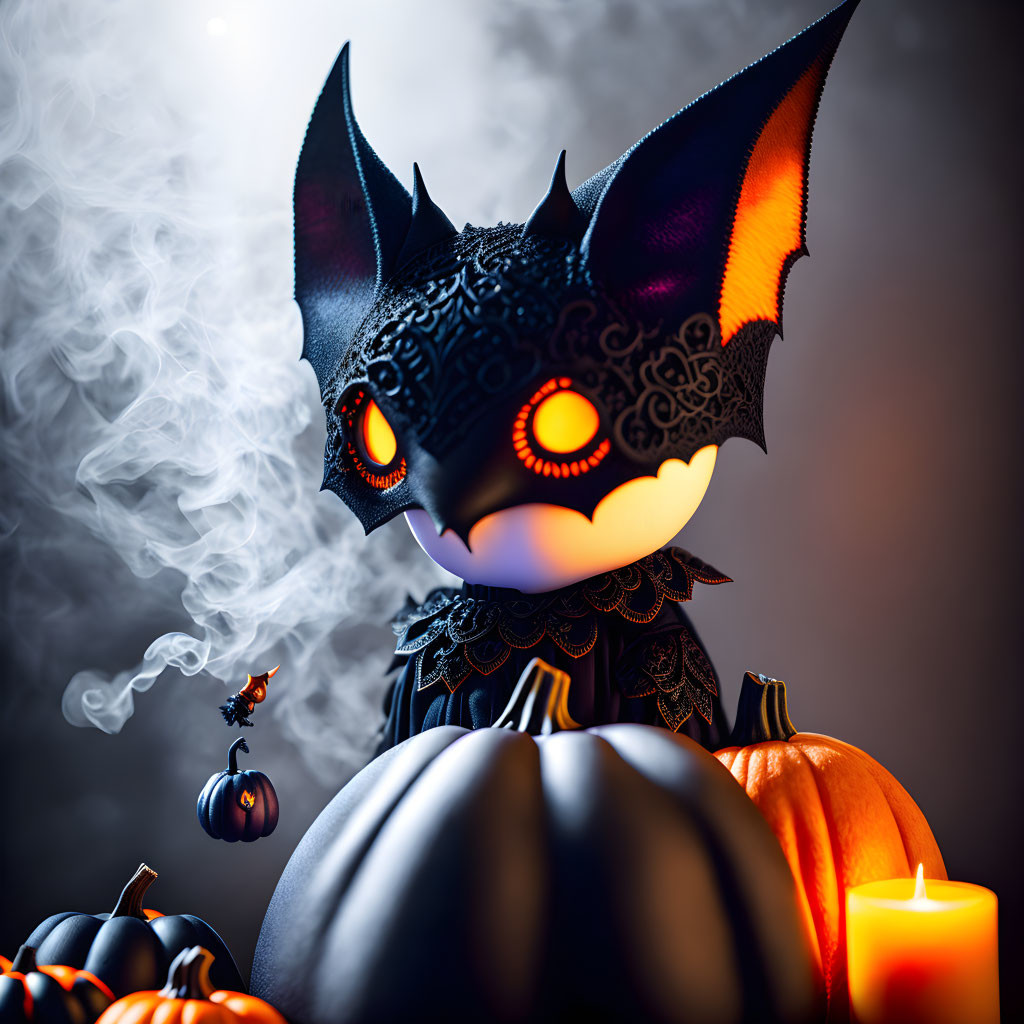 Stylized bat figurine on pumpkin with glowing orange eyes and candles