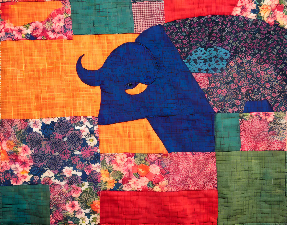 Vivid Blue Bull Patchwork Quilt with Floral and Geometric Design