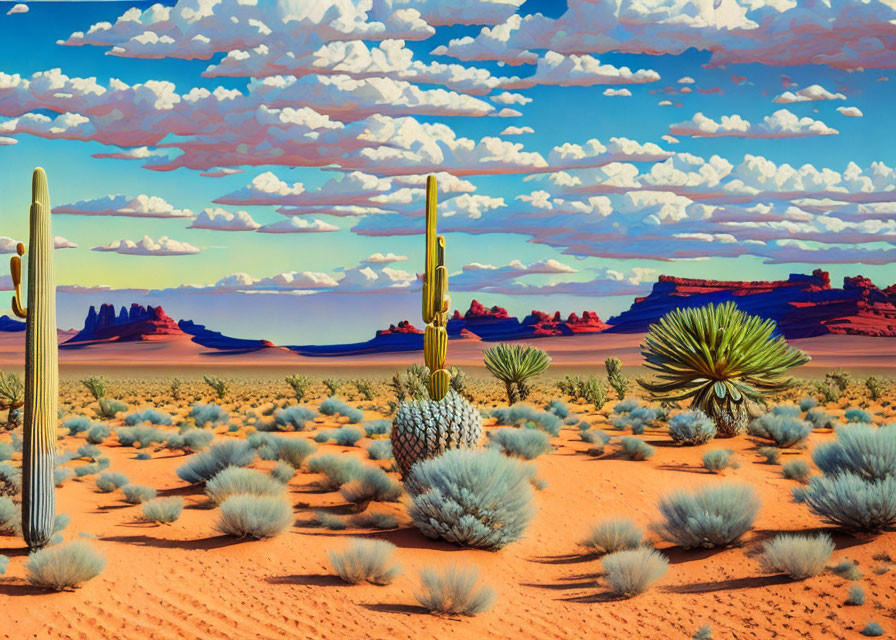 Desert landscape with cacti, sandy terrain, and rock formations under blue sky