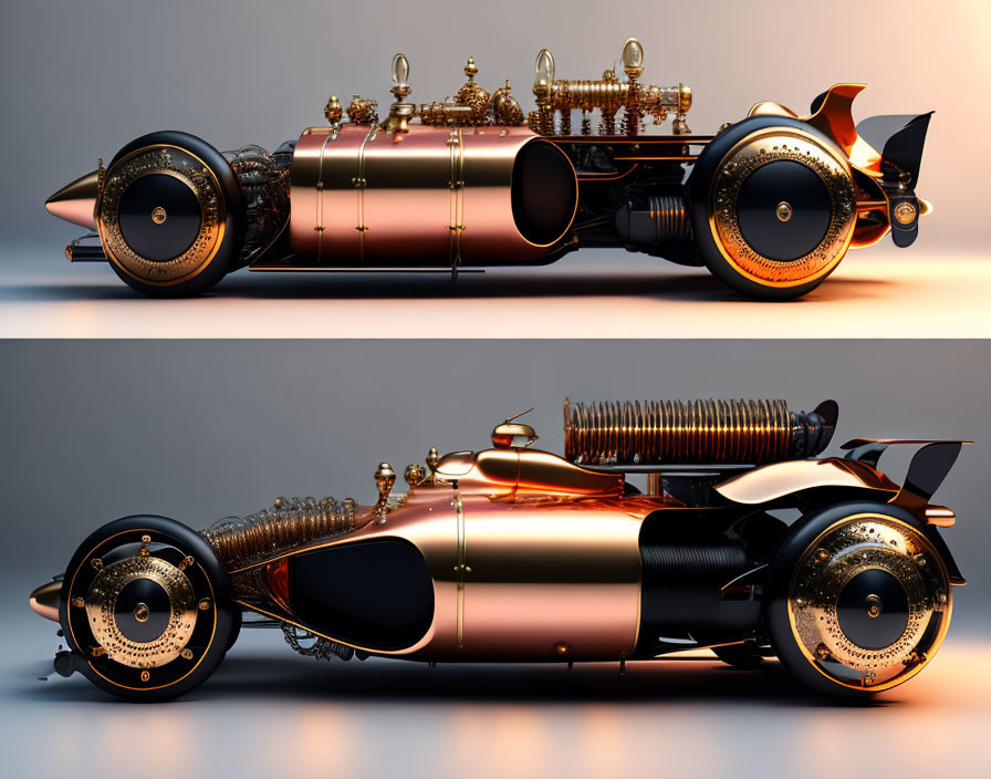 Steampunk-inspired car with brass and copper elements