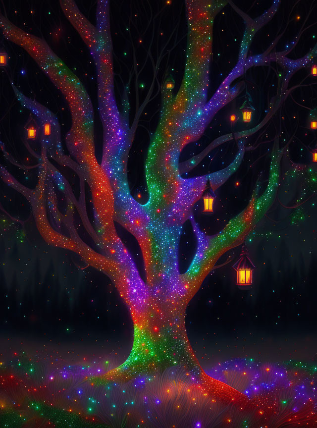 Colorful Glowing Tree with Lanterns in Luminous Night Sky