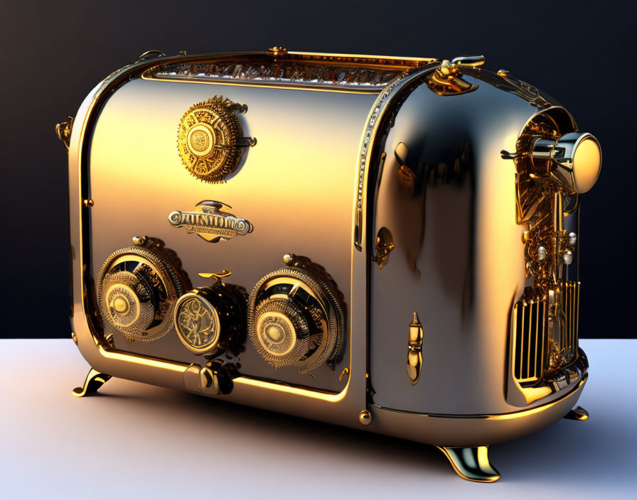 Luxurious Gold Toaster with Intricate Designs and Warm Light Reflections