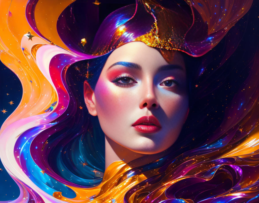 Cosmic-themed surreal portrait of a woman with swirling space colors