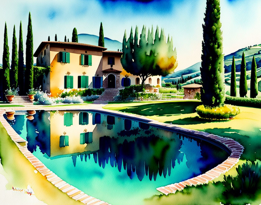 Serene villa with reflecting pool and cypress trees in vibrant watercolor