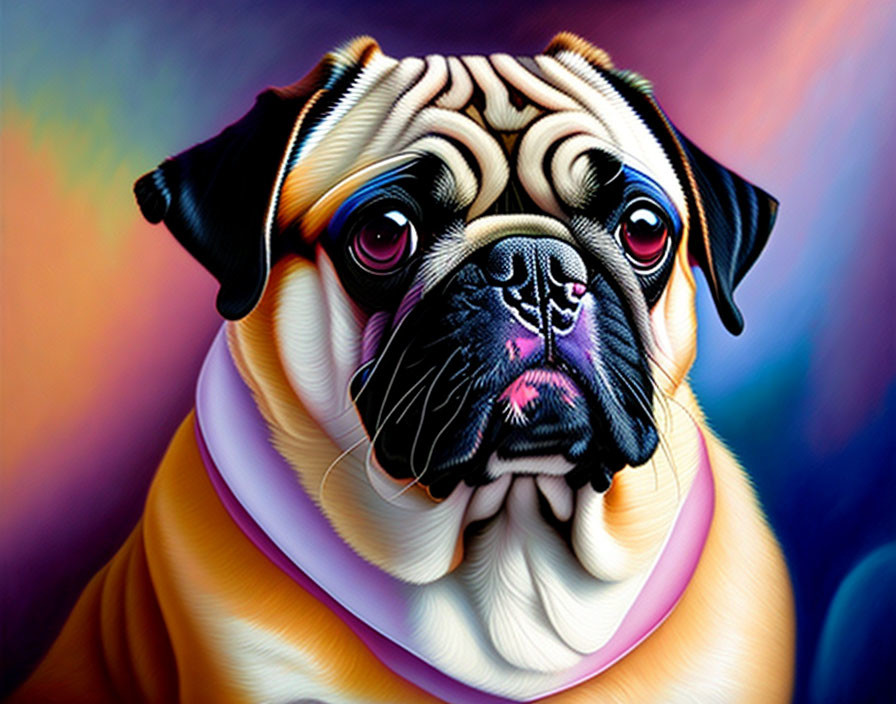 Vibrant digital artwork of a sad pug with swirling background