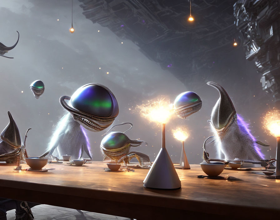 Abstract sculptures and levitating spheres in futuristic setting