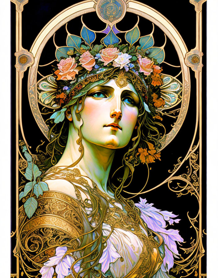 Art Nouveau Style Woman Portrait with Floral Headdress and Golden Patterns