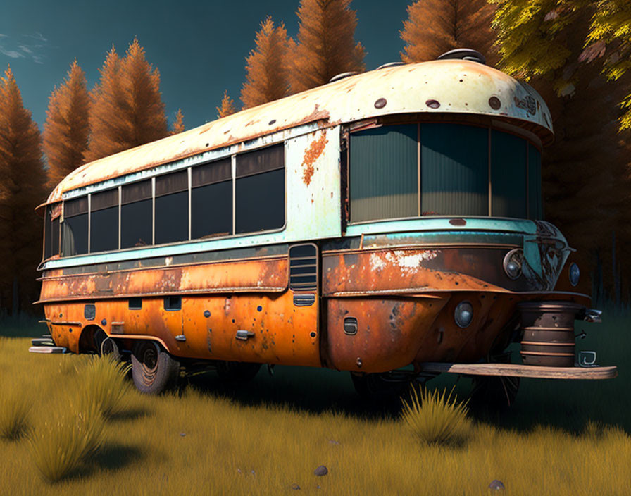 Rusted yellow bus abandoned in autumn forest clearing