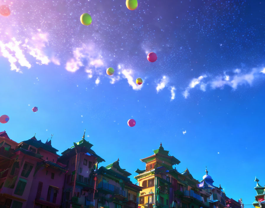 Colorful Balloons Float Above Asian-style Buildings in Starry Sky