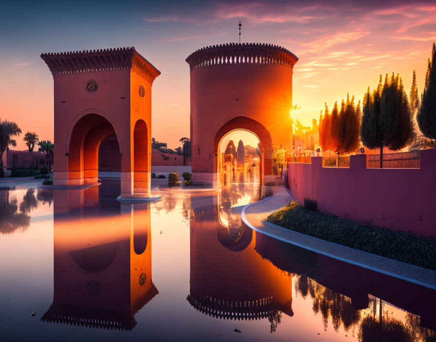 Moroccan-style Archways Reflecting in Water at Sunset