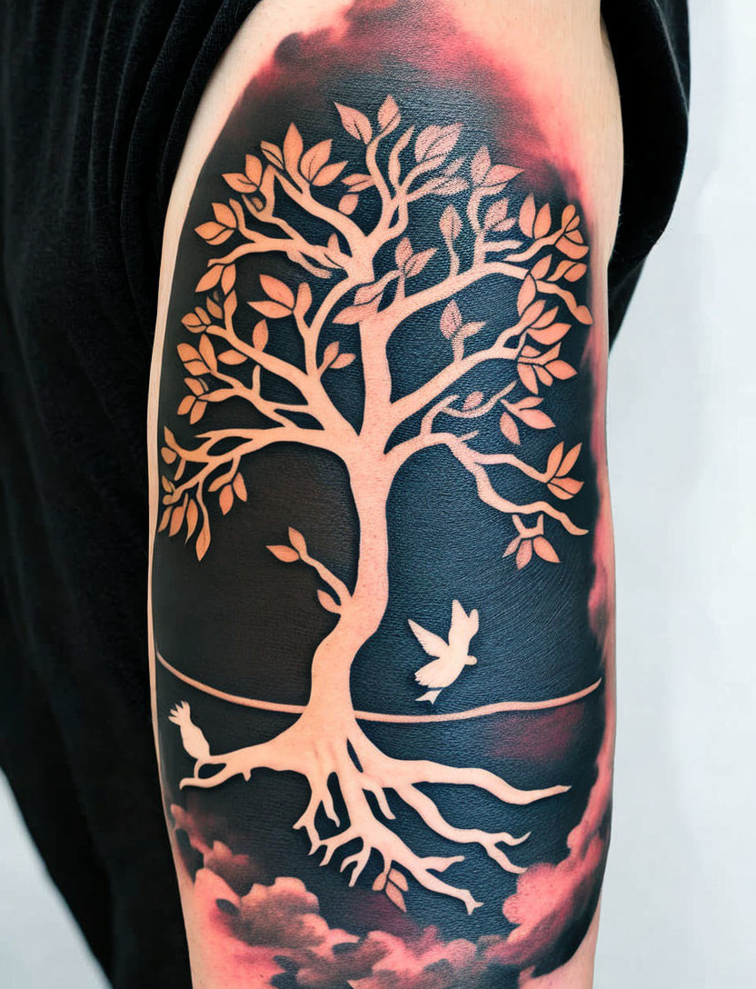 Silhouette tree tattoo with orange leaves, bird, and human figure on arm