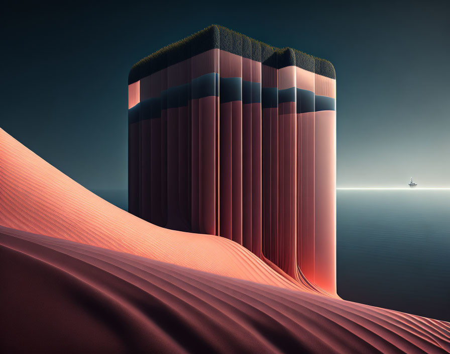 Surreal landscape with cylindrical structure, colorful layers, grass top, desert dune, calm sea