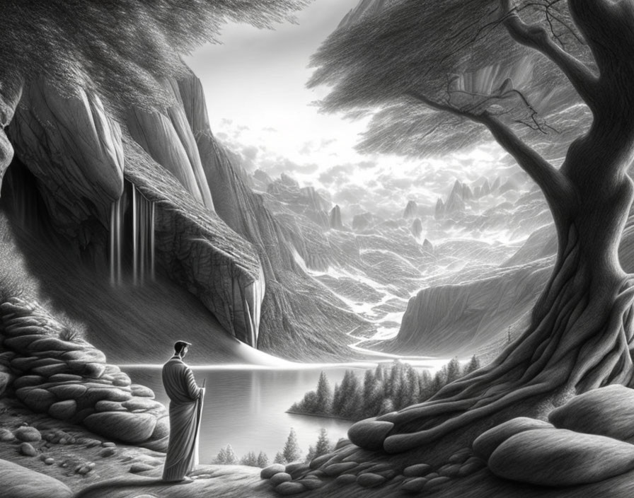 Monochrome illustration of cloaked figure by lakeside landscape