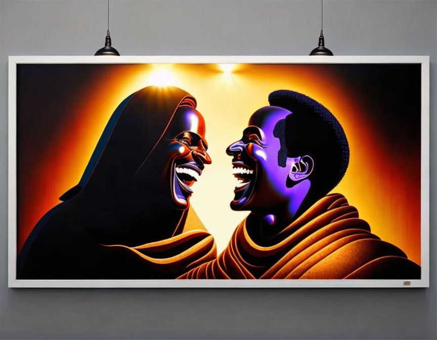 Colorful digital artwork featuring two laughing people with exaggerated facial expressions on a monitor under spotlights