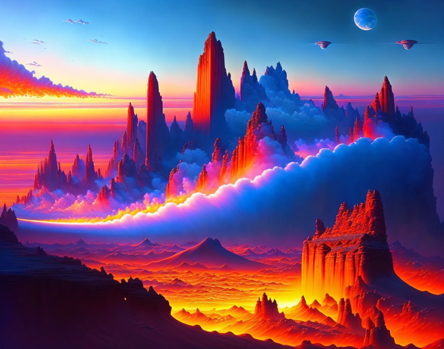 Fantasy landscape with rock formations, dual moons, UFO crafts, vibrant sky