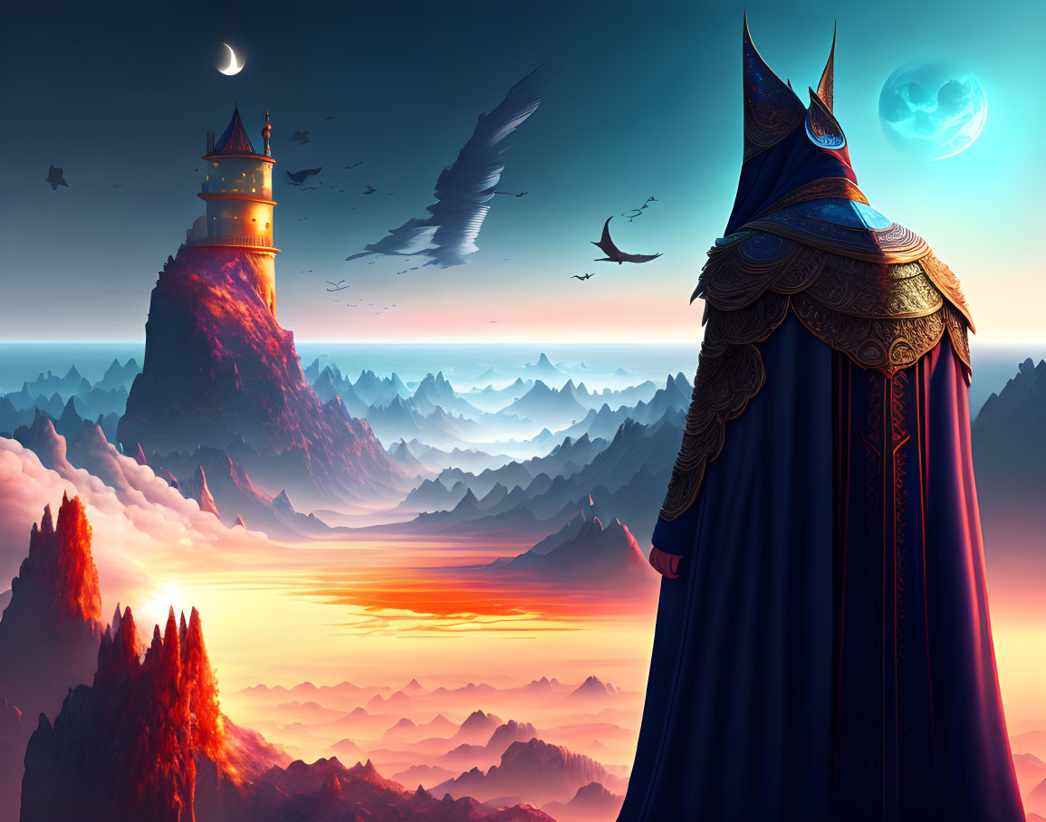 Cloaked figure in front of lighthouse, mountains, and celestial sky