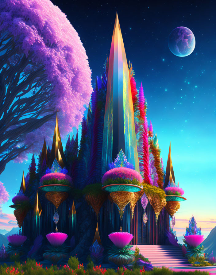 Colorful Fantasy Landscape with Rainbow Crystal Spire, Purple Tree, and Starry Sky