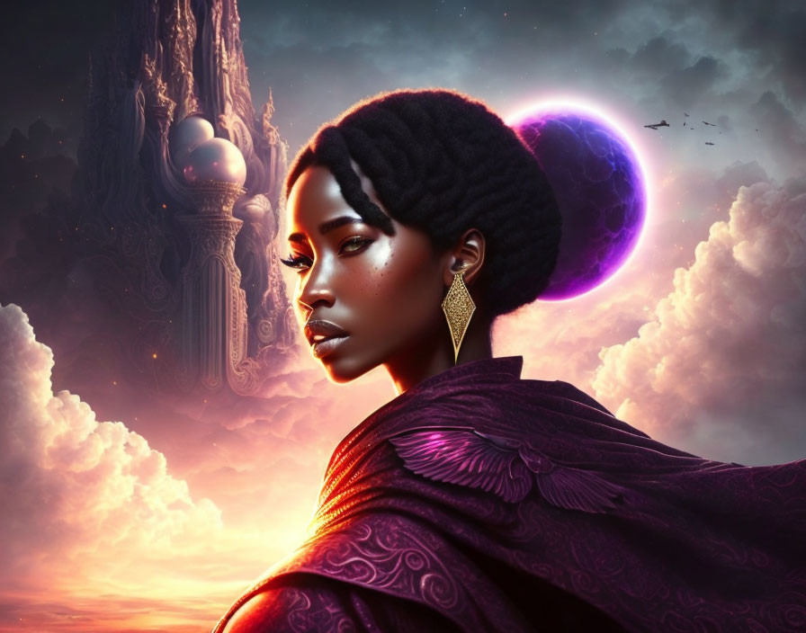 Portrait of woman with fantasy castle, purple sky, eclipsed moon, and flying birds.