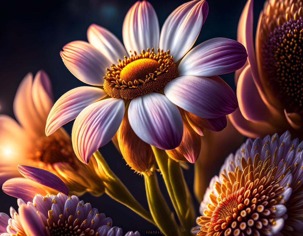 Close-up of vibrant purple and white flowers with golden centers on dark background