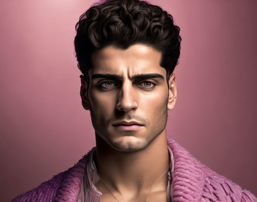 Dark Curly-Haired Man in Pink Sweater Portrait on Pink Background