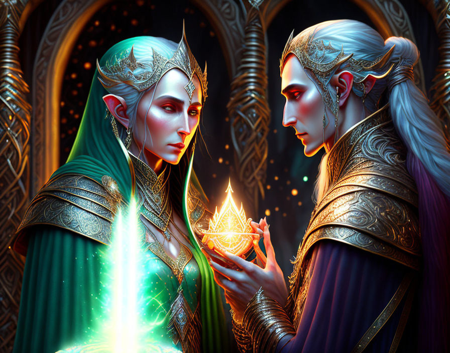 Regal elves with glowing artifact in ornate hallway