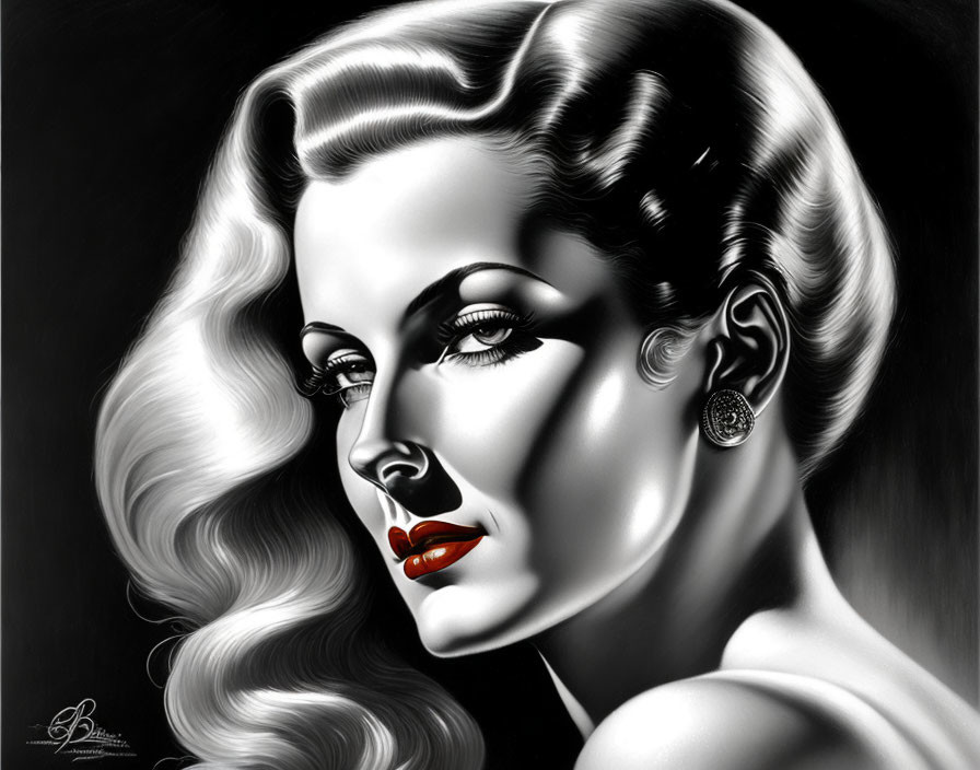 Monochrome illustration of a woman with flowing hair and red lips