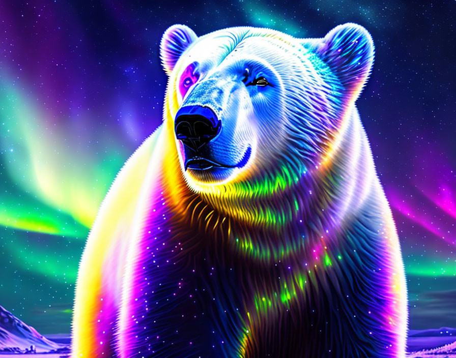 Colorful neon polar bear under northern lights.