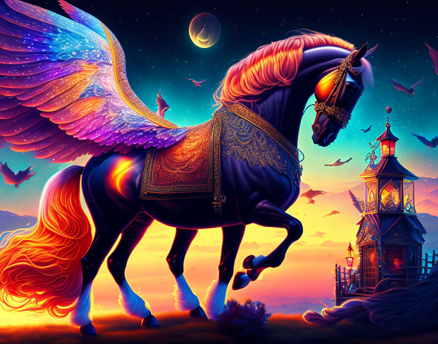 Colorful mythical horse illustration with glowing mane and tail near lantern-lit tower