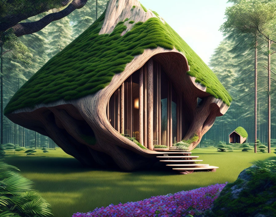 Whimsical treehouse with moss-covered roof in lush forest setting